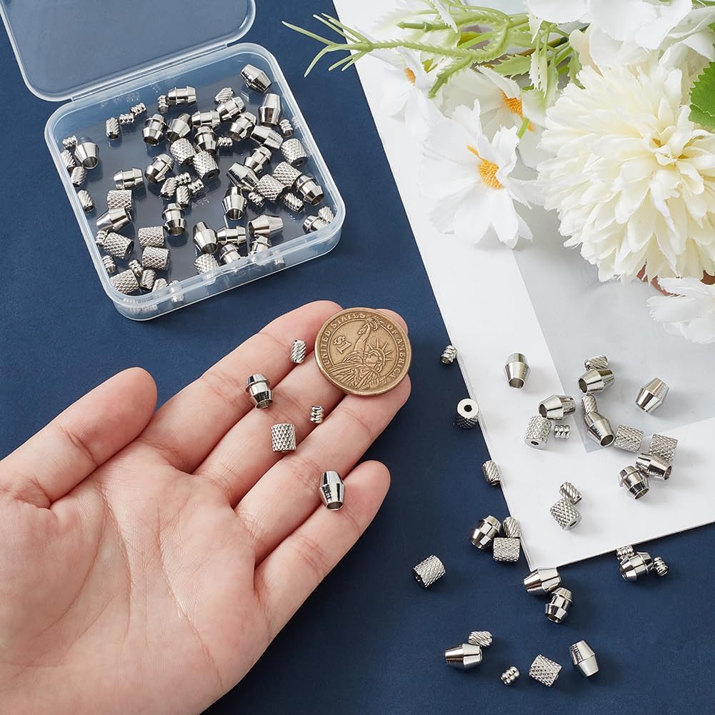 UNICRAFTALE 100Pcs 5 Styles Paracord Bead Grooved Column Beads Metal Lanyard Beads Column Spacer Beads Stainless Steel European Beads Bracelet Beads