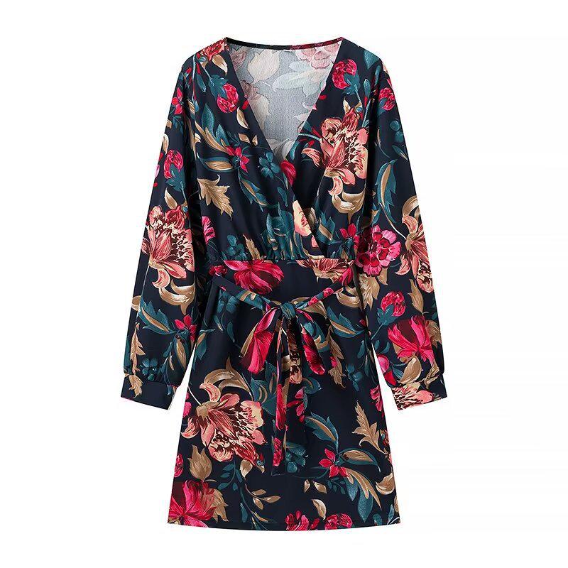 

Autumn & Winter Versatile Deep V-Neck Long Sleeve Belted Printed Dress Extra Large цветочный