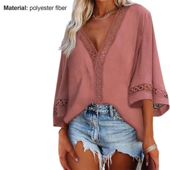 Blouse Solid Color Loose 4 Colors Women Hollow Out Lace Stitching Tops