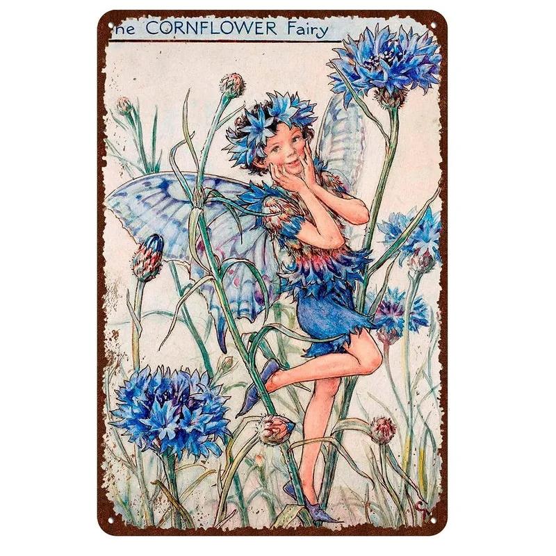 Flower Fairy Girl Metal Tin Signs Wall Decoration Plaque Vintage Art Poster Iron Painting for Man Cave Home Cafe Garden Club Bar