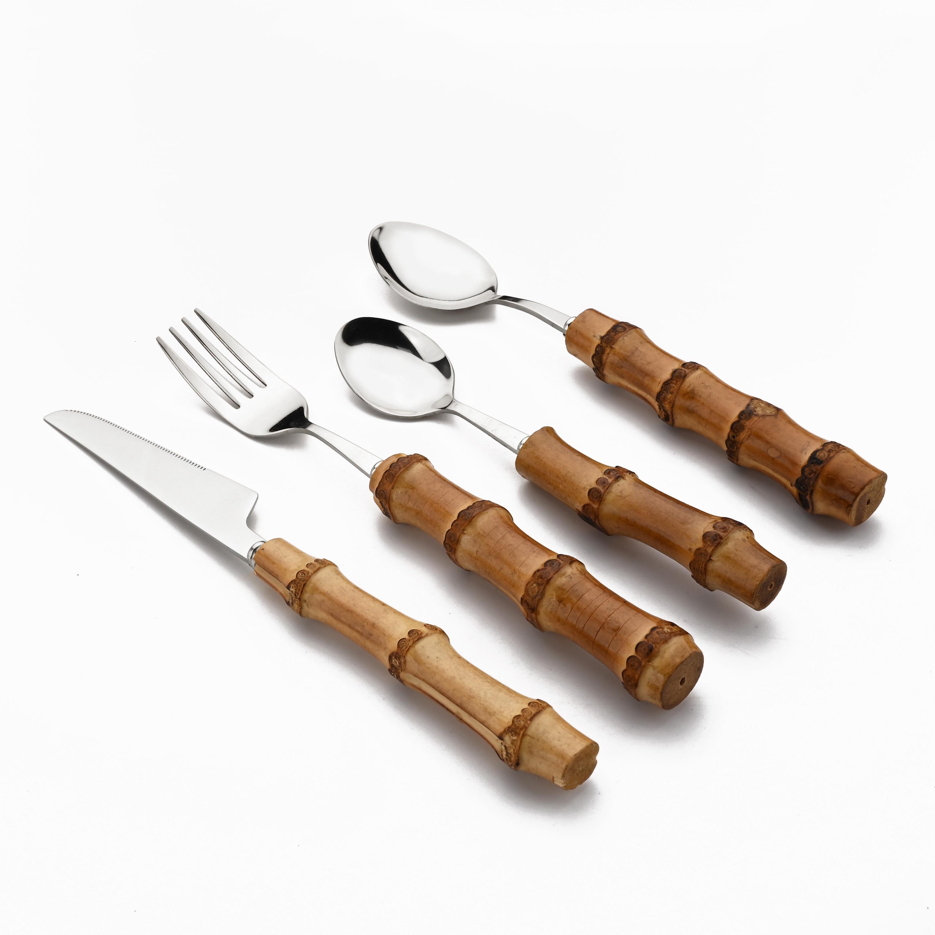 

4 шт. набор столовой посуды из нержавеющей стали, набор столовых приборов из натурального бамбука с ручкой, столовая посуда, нож для стейка, столовые приборы, бамбуковый набор столовых приборов серебряный