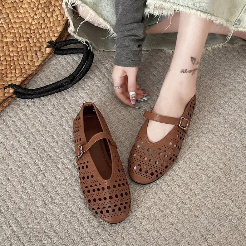 Fashion Comemore Women Flats Shoes Spring Summer New Buckle Loafers Hollow Round Toe Women Sole Single Shoes Ballet Mary Jane Flat Shoes