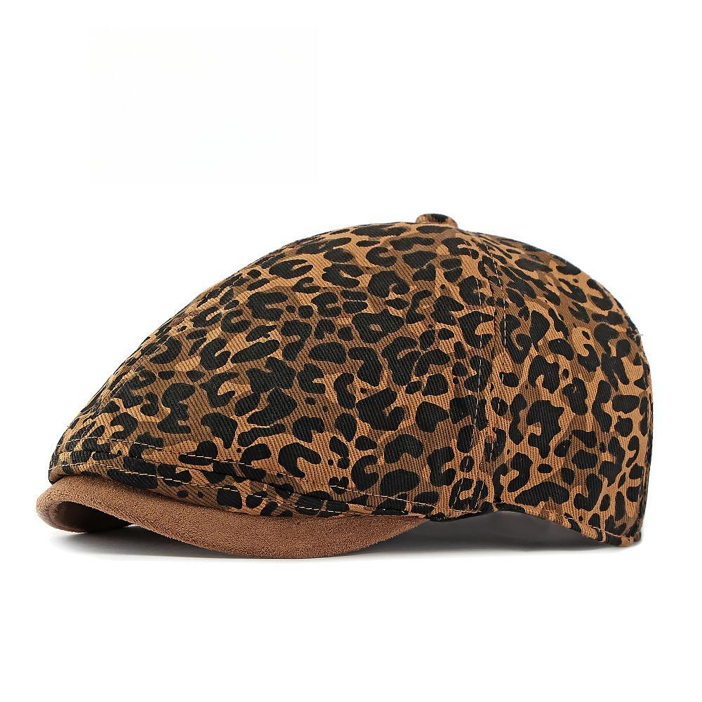 Women’s Leopard Print Six-Panel Flat Cap, Vintage British-Style Duckbill Beret Hat