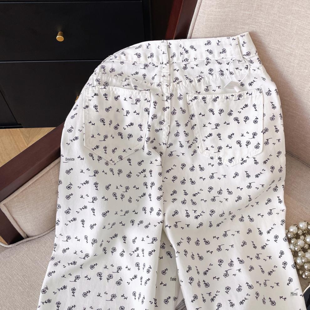 Spring/Summer Korean Style High Waist Floral White Wide-Leg Denim Pants for Women