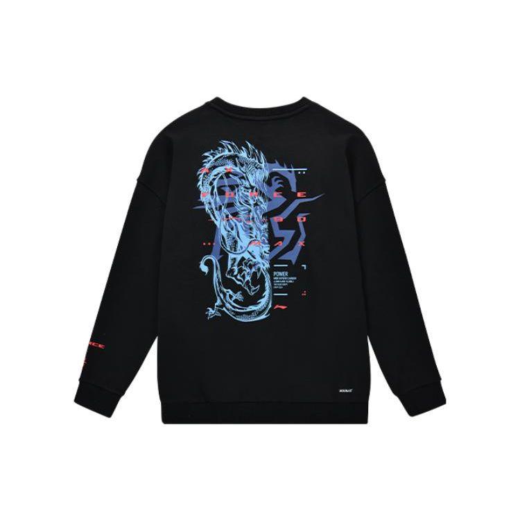 Li Ning Badminton Series Thunder Dragon Print Sports Casual Pullover Crewneck Sweatshirt Men sweatshirt Black AWDSE89-1