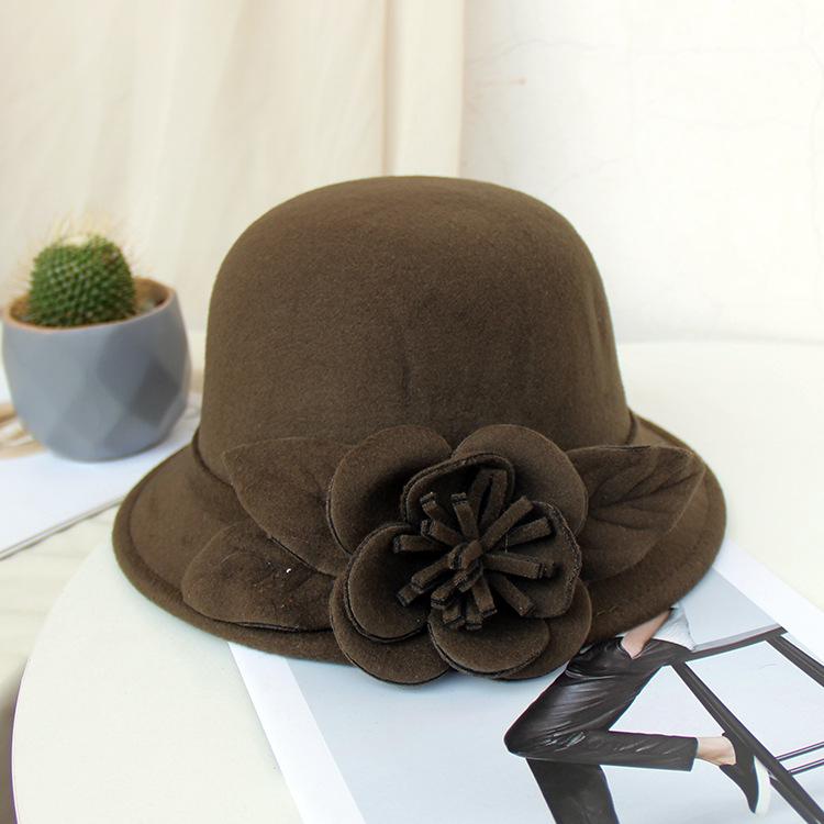 New Hat Women's Autumn and Winter British Woolen Woolen Pot Hat Fashion Flower Bucket Hat Warm Felt Top Hat