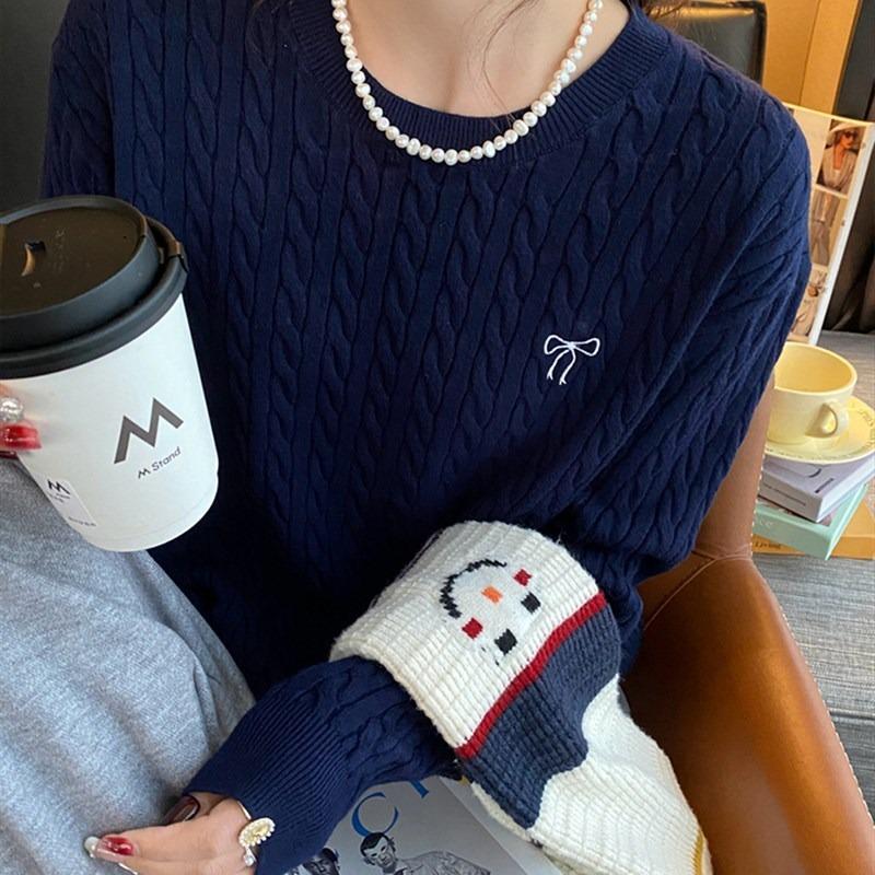 

White crew neck bottoming shirt women s season with new knitted sweater loose long-sleeved top One size fits all [recommended 80-60kg] тёмно-синий