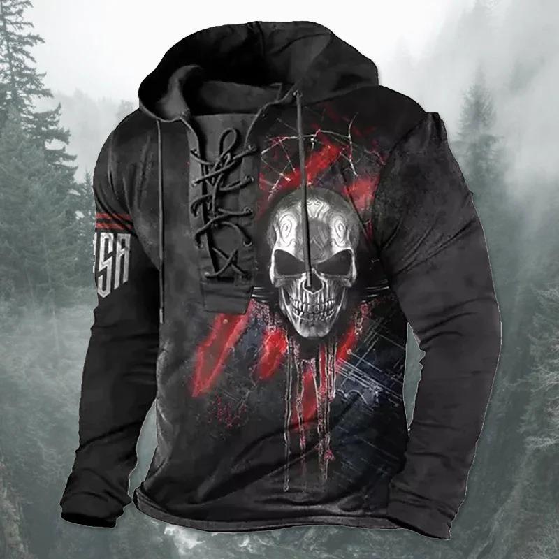 Men's Black Grim Reaper Skull 3D Print Hoodie Lace Up Front Hooded Sweatshirt