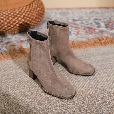 Square Head Plus Suede Short Boots Women's Boots Autumn and Winter Elastic Thin Boots Thick Heel Medium Heel Single Boots Gray Apricot Martin Boots