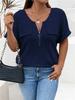Solid Color Zipper Short Sleeve Casual Pullover T Shirt Women Loose Clothes Fashion Female Tee V-Neck Streetwear Plus Size Tops