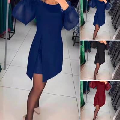 Vestido Feminino Gola Redonda Manga Bufante Falso Duas Peças Vestido Slim Cintura Justa Cor Sólida Casual Mini Vestido