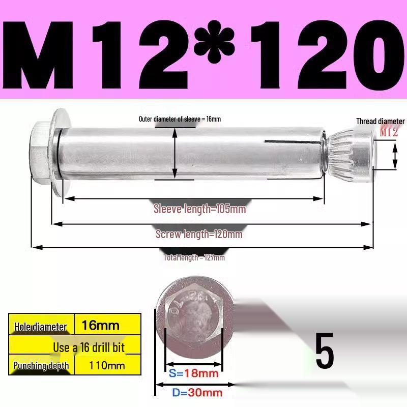 Stainless Steel Expansion Screw: Hexagonal Head with Internal Expansion (304/201), Sizes M6, M8, M10, M12.
