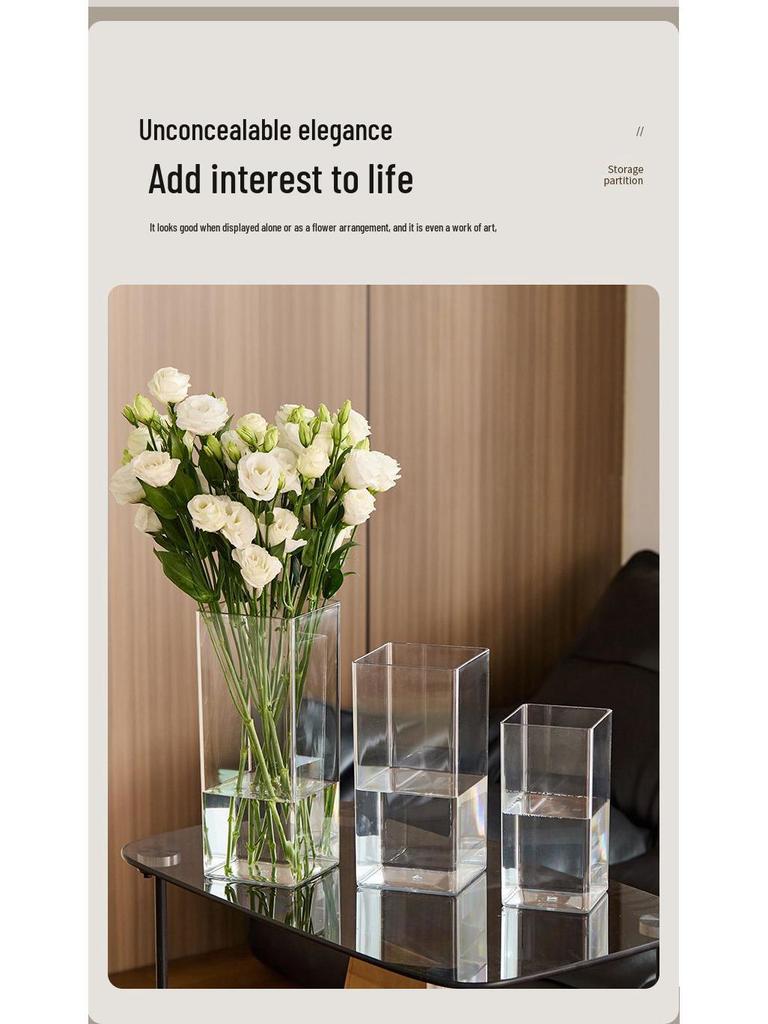 Transparent Acrylic Square Vase, Drop-Proof, for Flower Arrangements, Lucky Bamboo, and Elegant Decor in the Living Room