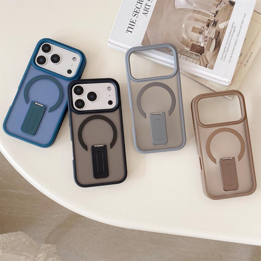 For iPhone 17 16 15 14 13 12 11 Pro Max Plus Cover Matte Clear High Quality Luxury Magsafe Folding Stand Magnetic Phone Case