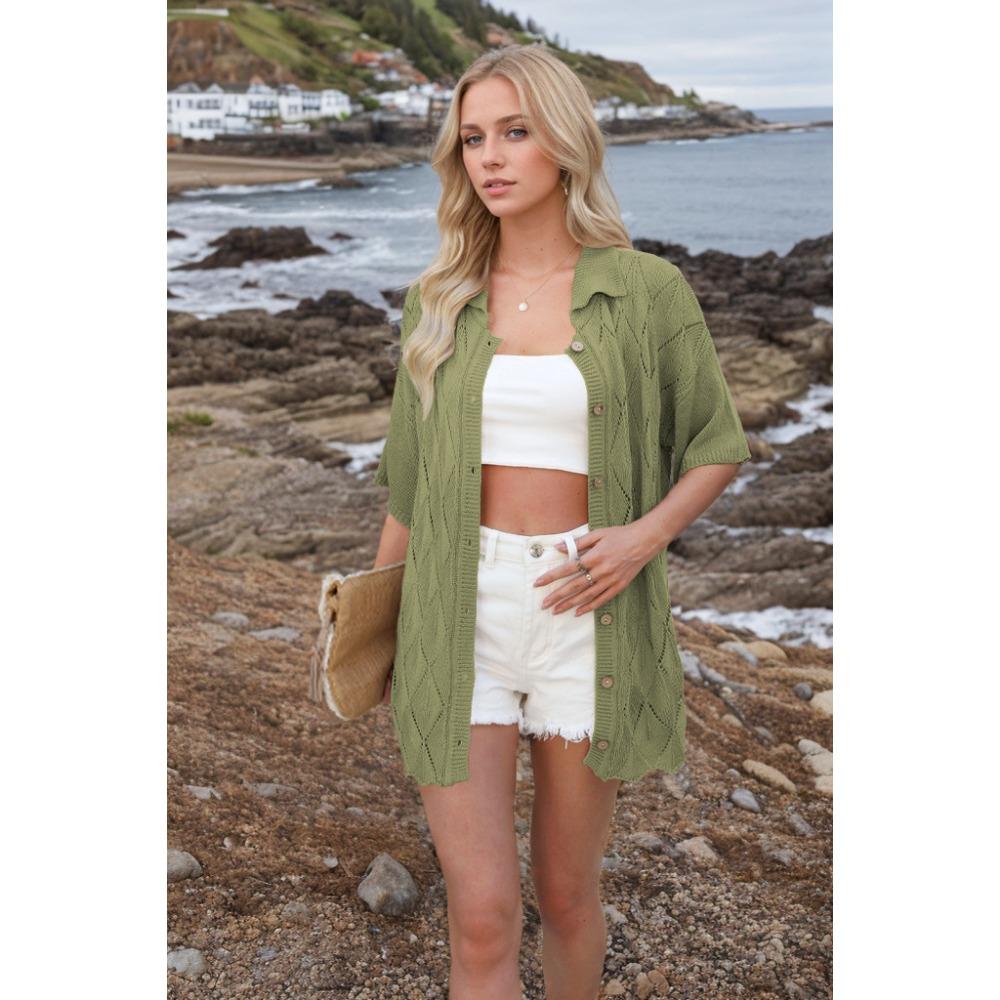 Spring and Summer Women's Lapel Loose Casual Cardigan Short Sleeve Knitwear