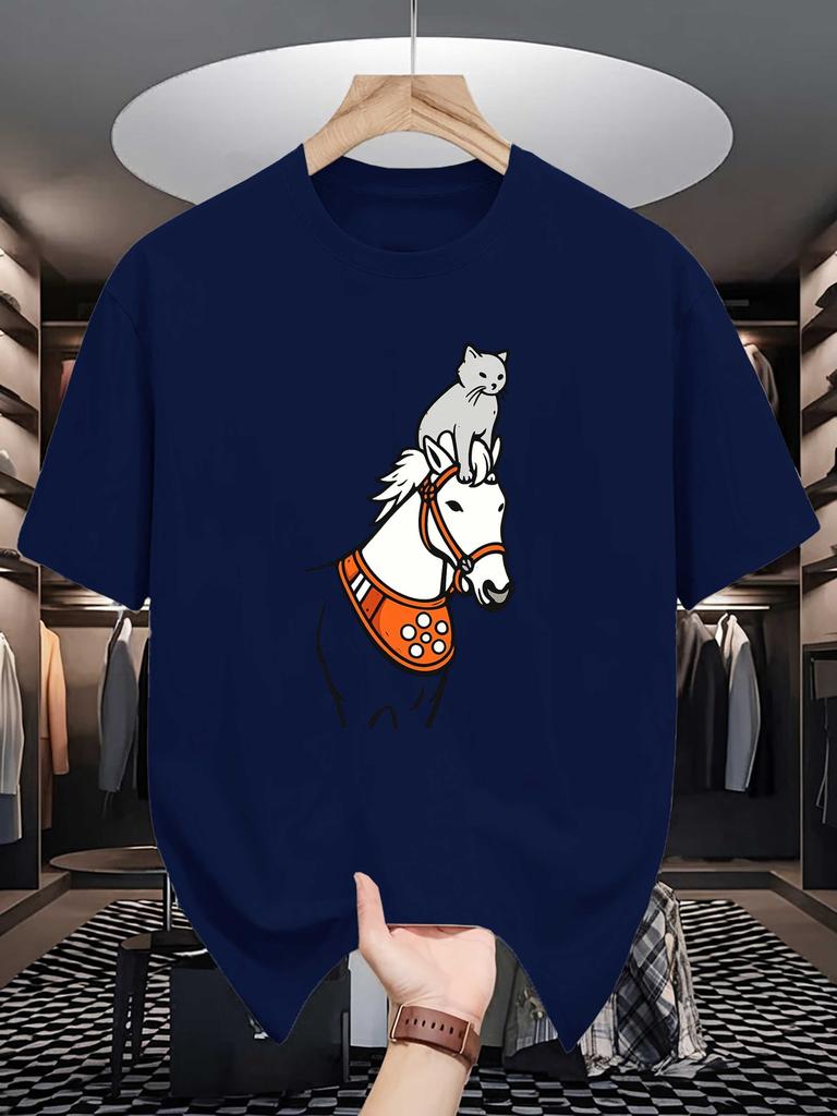 Unisex Crew Neck Tee Cat Riding Horse Cartoon Print Soft Cotton Loose Breathable Short Sleeve Summer Street Casual Daily Wear Tops