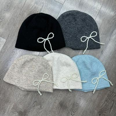 Korean Pearl Bow Hat Women's Versatile Fashion Wool Hat Big Head Circumference Showing Face Small Ear Protection Knitted Cold Hat Trendy