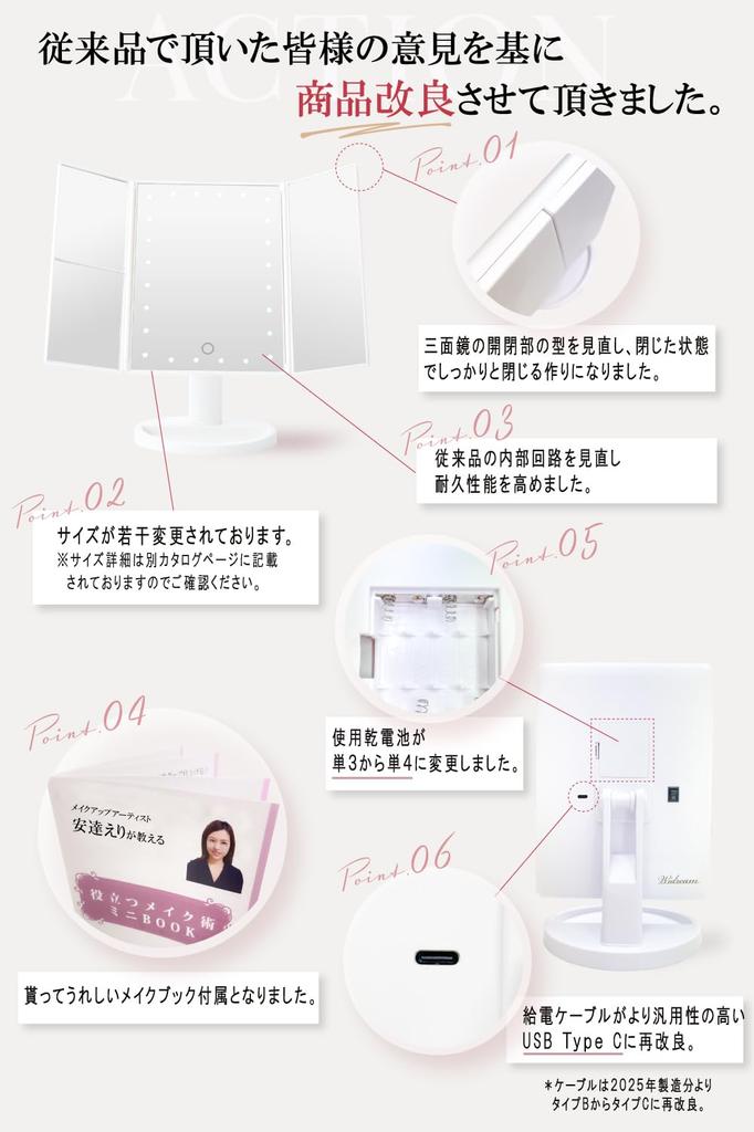 WIDREAM [Makeup Artist Supervised] LED-Lighted Three-Way Mirror, Actress Mirror, Makeup Mirror, Tabletop Mirror (LED-Lighted Three-Way Mirror, White)