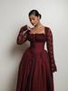 Women's Spring New Style Temperament Square Collar Lace Long Sleeve Ruched Waist Solid Color Midi Dress