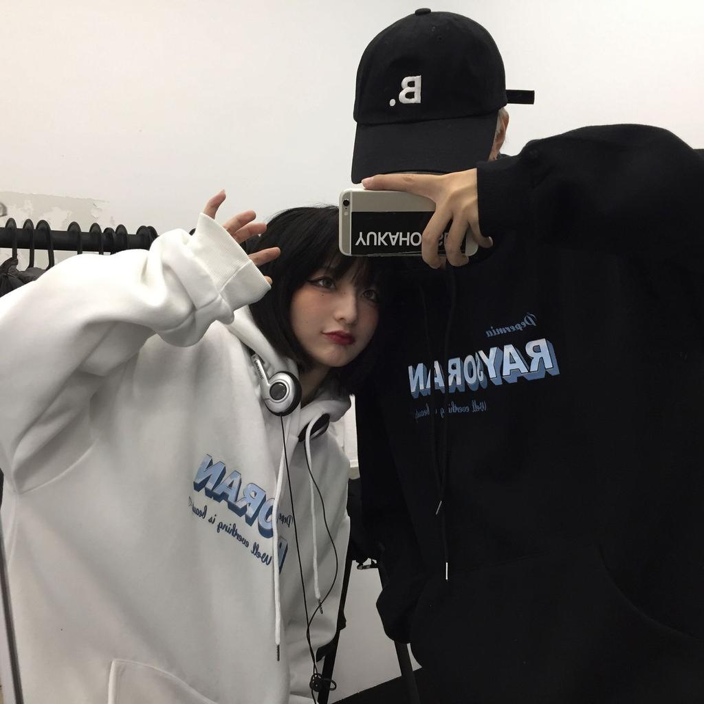 Ladies Letter Print Hooded Hoodie Women's Autumn Winter New Loose Oversize Plush Sweatshirt Pullover Tops for Couple Outfit