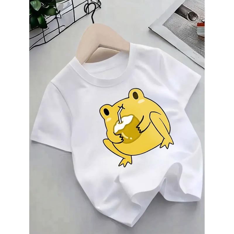 European sizes New Summer Short-Sleeve T-Shirt for Kids Featuring a Cute Cartoon Frog And Coconut Drink Design