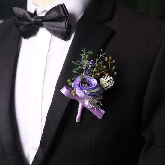 Yousheng Purple Wedding Boutonniere, Artificial Silk Flower Lapel Pin for Groom Bride Parents, Romantic Wrist Corsage for Bridal