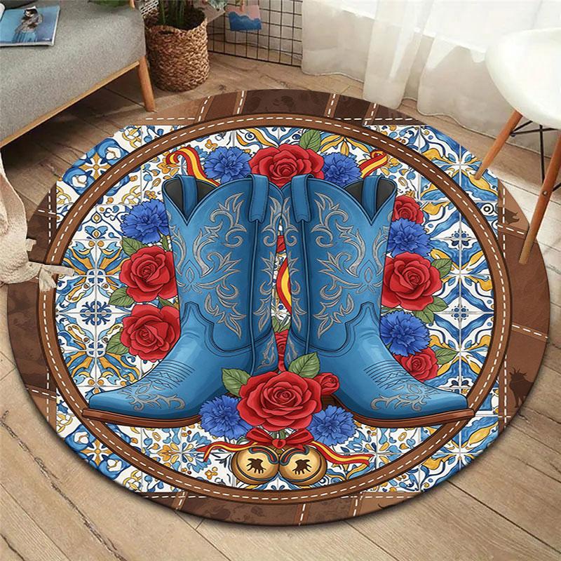 Cowboy Boots Round Area Rug,Carpet Rug for Living Room Bedroom Sofa Playroom Decor,Non Slip Floor Mat