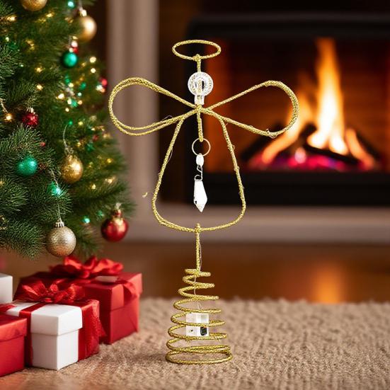 Glittered Golden Angel Christmas Tree Topper Double Angel Treetop Decoration Xmas Tree Sparkling Tree Topper