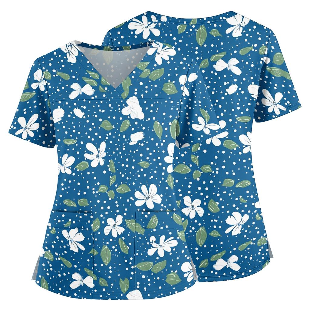 Medizinisches Kasack-Oberteil mit Blumendruck, V-Ausschnitt, Taschen und Seitenschlitzen, Kurzarm, Krankenschwester-Uniformhemd für Damen