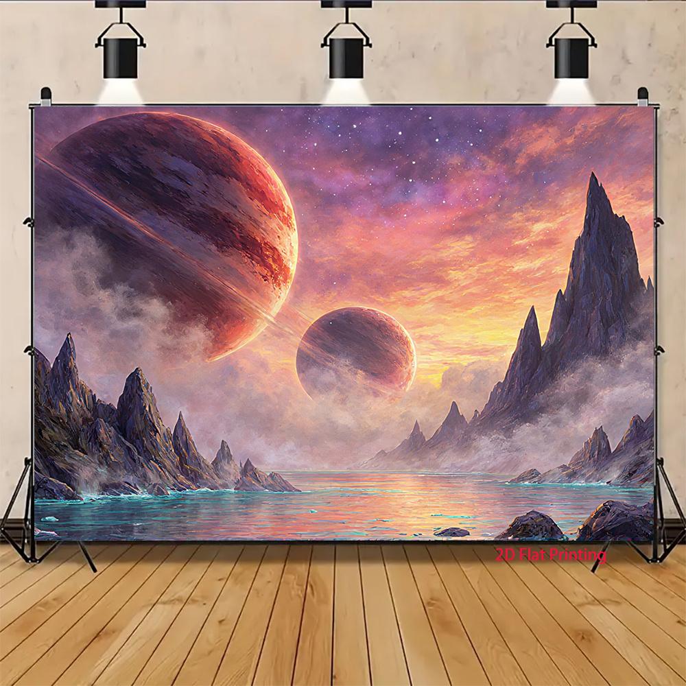 2D Plane, Space-themed Fantasy Scenery Background Cloth, Mountain, Planet and Nebula Design, Polyester