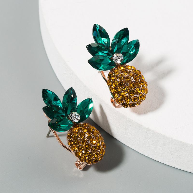 Boucles d'oreilles pour femmes Été Frais Polyvalent Alliage Ensemble Couleur Strass Ananas Boucles d'oreilles à clous