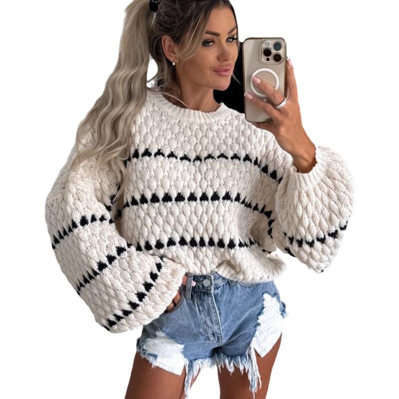 Autumn and winter new sweater thick needle loose oversize Fried Dough Twists stripe round neck pullover women 3614
