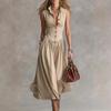 Rochie Maxi Fără Mâneci, Bej Deschis, Cu Guler și Nasturi, pentru Femei