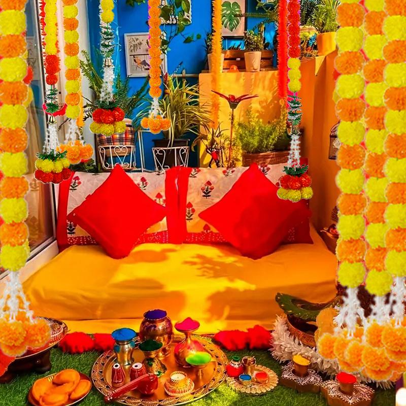 1PC Indian Weddings Halloween Yard Mexican Artificial Marigold Garland With Ball Tassels