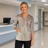 Women's Floral Print V Neck Medical Scrub Top with Pockets Side Slits Three Quarter Sleeve Nurse Uniform Shirt for Healthcare Professionals