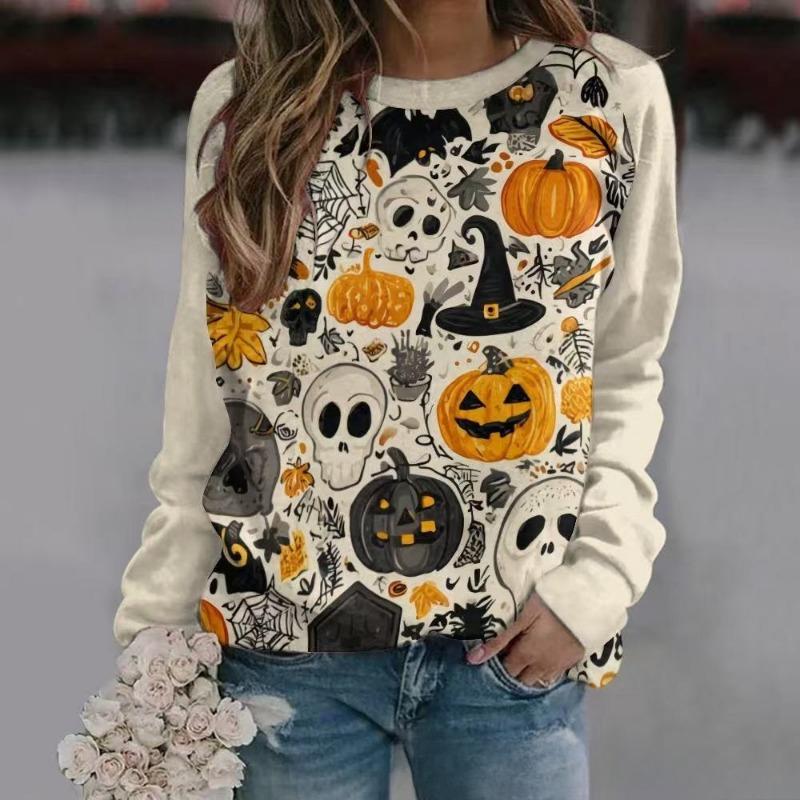 New Halloween Ladies Sweater 3D Digital Printing Pumpkin Bat Dark Pattern Crew Neck Long Sleeve Top