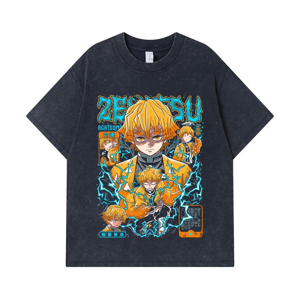 275 GSM Washed T-shirts 100% Cotton Demon Slayer V100 Zenitsu Print Unisex Heavy Cotton T Shirt