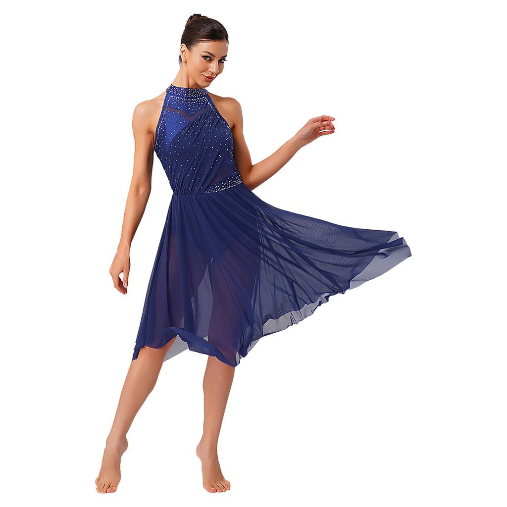Womens Lyrical Dance Costume Sparkle Rhinestone Irregular Mesh Ruffled Skirt Built In Briefs Dress