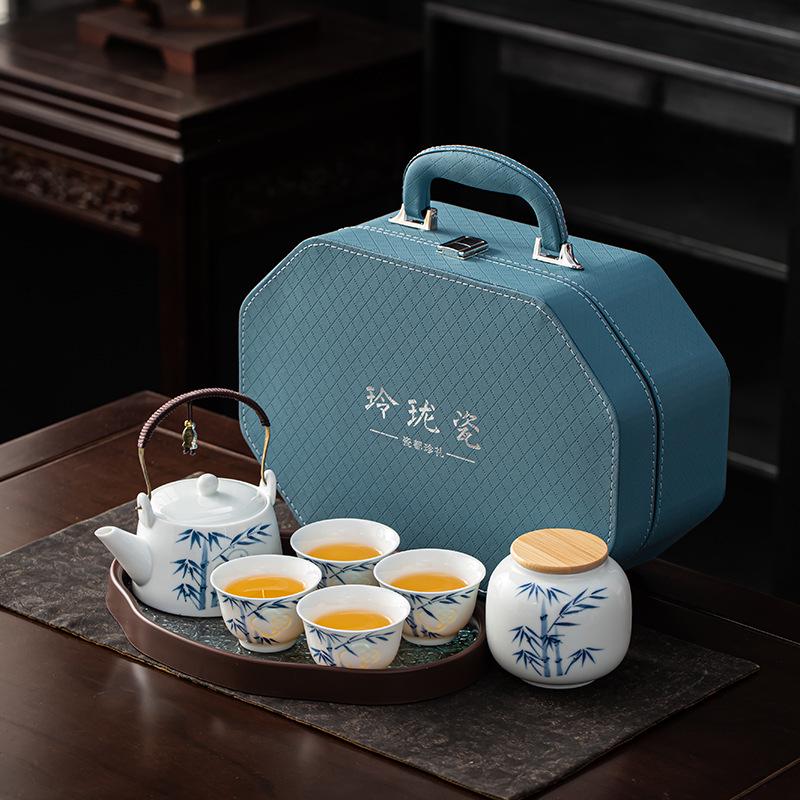 Hand-painted Exquisite Porcelain Octagonal Bamboo Tea Set in Gift Box - Perfect Souvenir for Company Annual Meetings and Outdoor Gatherings