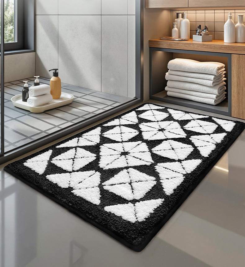 Schwarz Weiß Tufting Badezimmerteppich Weich Getufteter Geometrischer Schlafzimmerteppich Nachttischteppich Boden Rutschfest Aufräummatte Ästhetische Heimdekoration