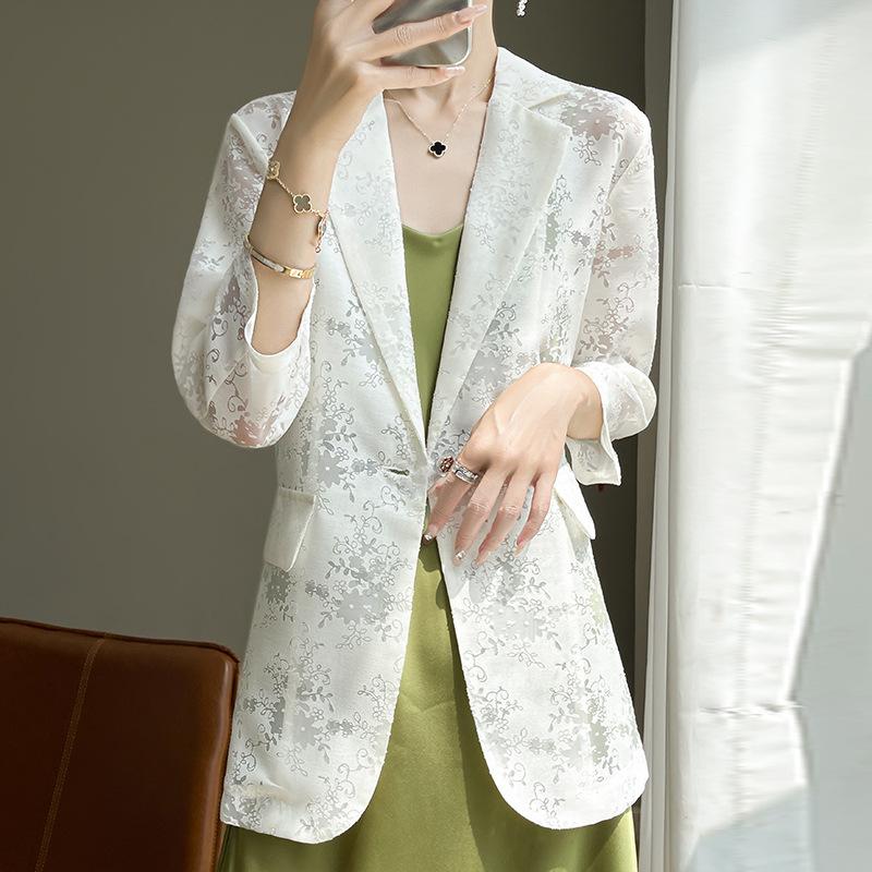 

Thin Blazer for Women Summer Small Suit Hollowed-out Three-quarter Sleeve Suit Acetic Acid Satin Suit Top XXXL чорний