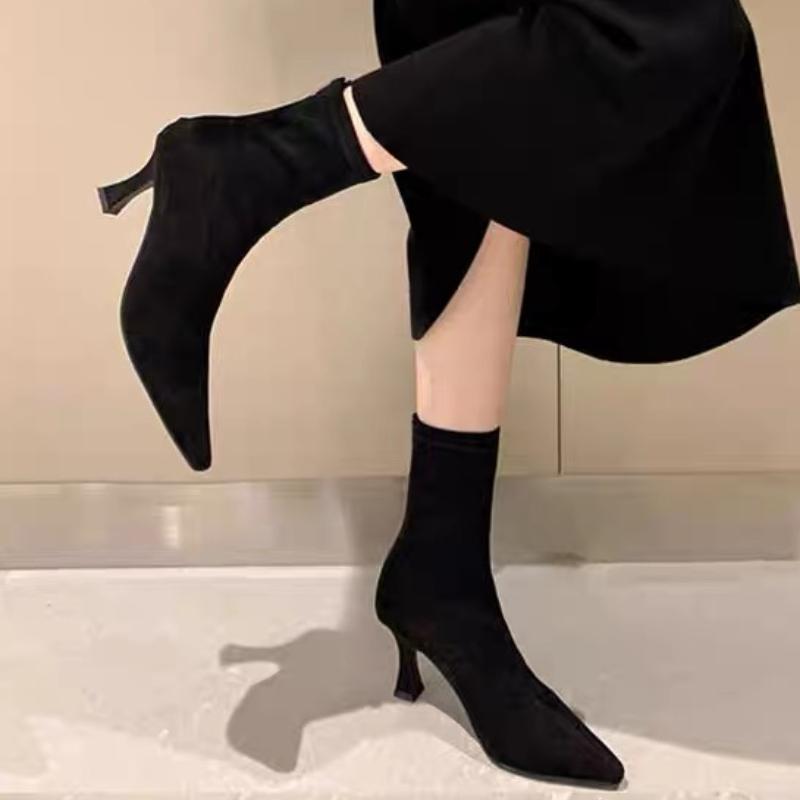 

2026 Новые Винтажные Женские Ботильоны Модные Туфли с Острым Носком Осень Зима Высокий Каблук Женские Элегантные Эластичные Узкие Короткие Ботильоны 35 чёрный