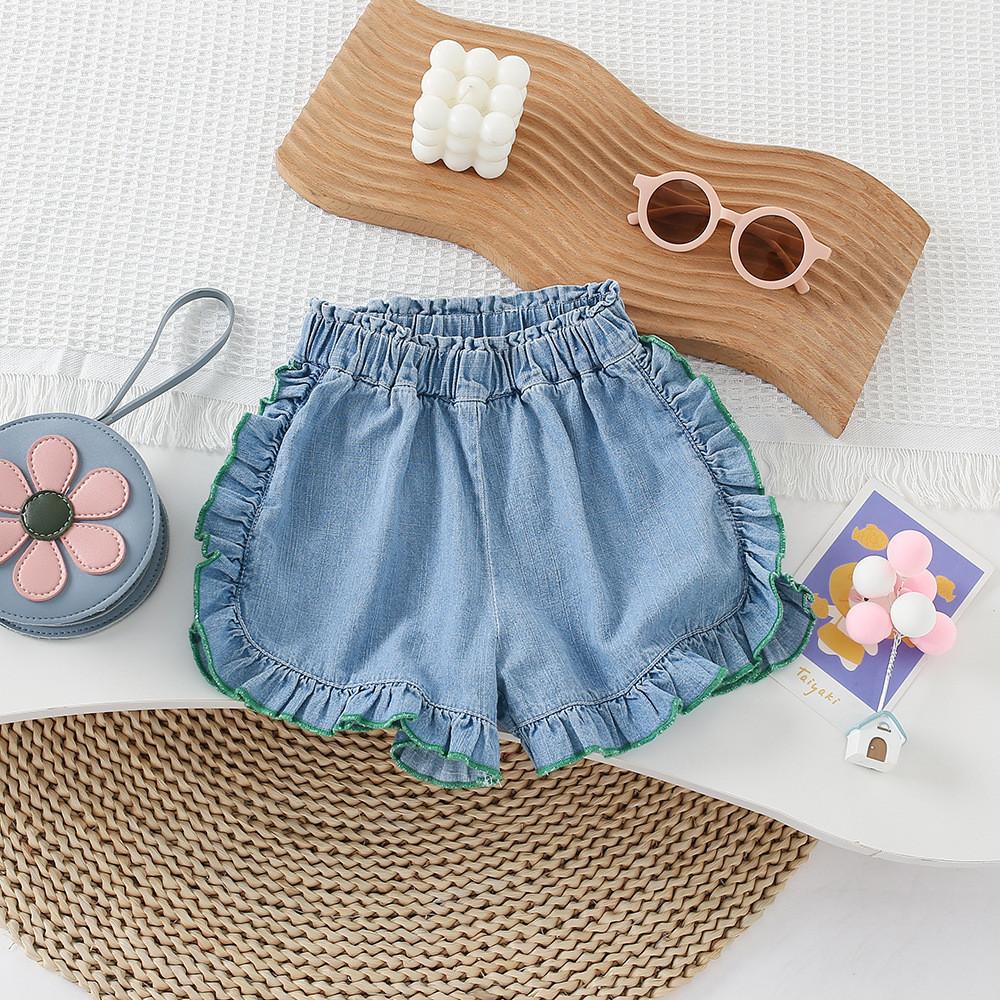 

Trendy Girls Summer 2023 Sleeveless Ruffled Tank Top And Chic Denim Shorts Set Floral Shorts,130