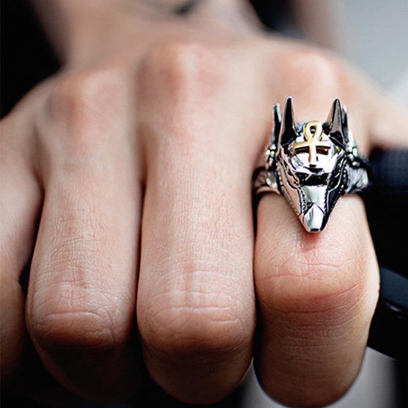 Anillo Símbolo Anubis Egipto Retro Para Hombre Punk Gótico Rock Hiphop Anillo Abierto Hecho a Mano Diseñador Zircón Accesorios Biker Regalo para Amante