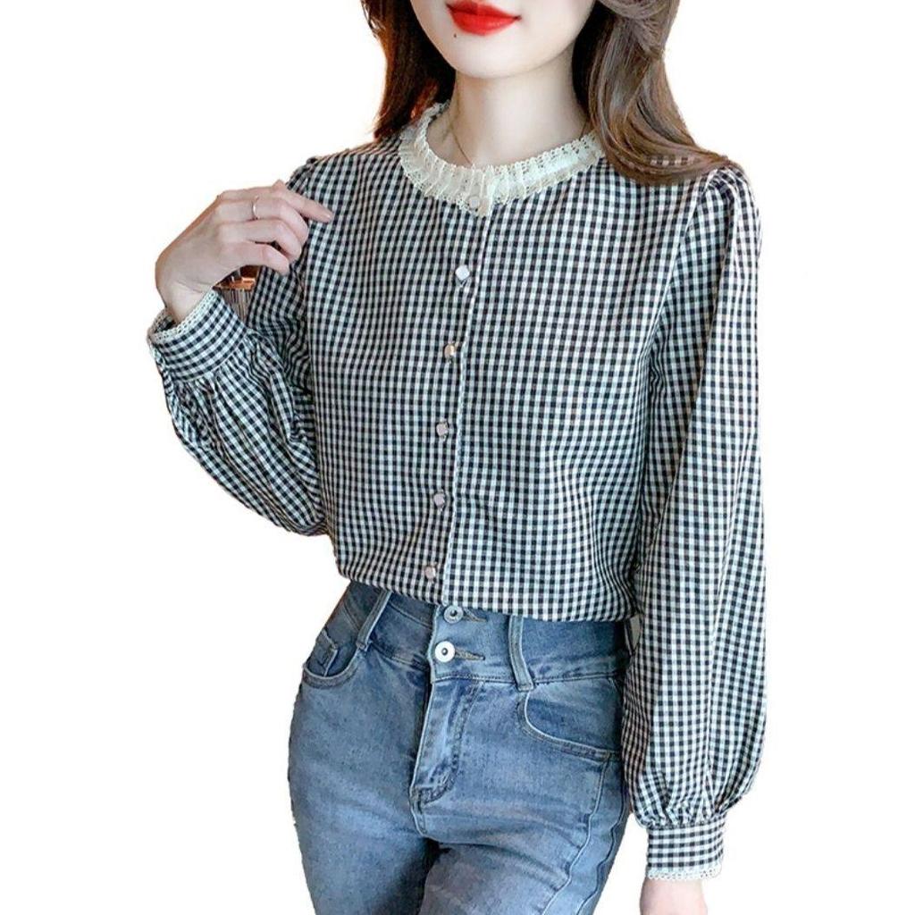 2025 Retro Checkered Lace Long Sleeve Shirt for Women - Spring/Autumn Round Neck Top