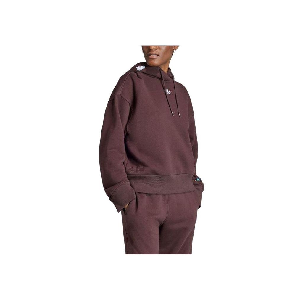 Adidas Originals Solid Color Embroidered Drawstring Hoodie Women Tops Brown IJ8275