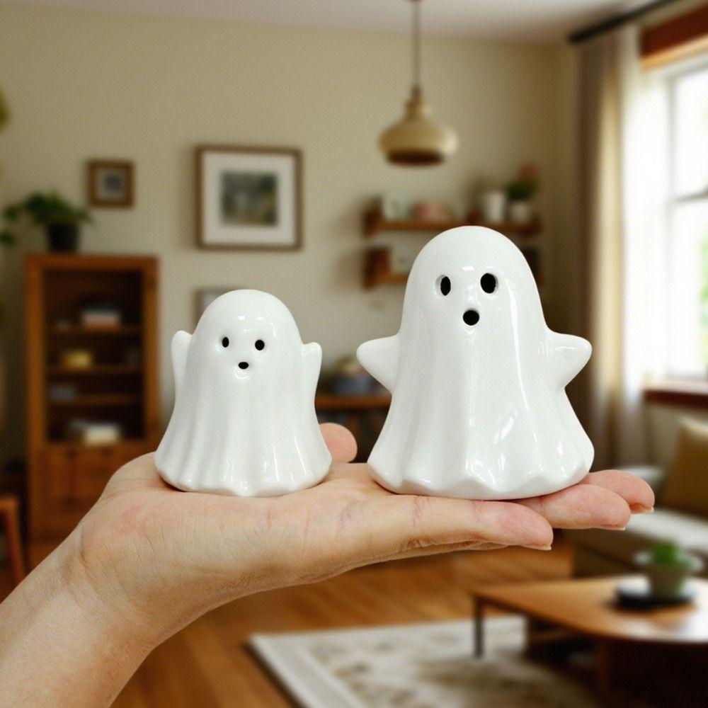 2pcs Cute Halloween LED Ghost Ornaments Ceramic Small Ghost Figurines  Cabinet