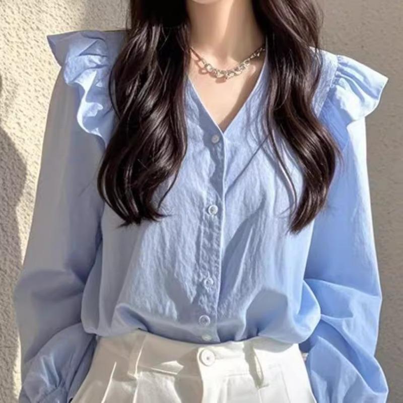 light blue v neck ruffle shoulder long sleeve button down casual blouse for women S синий