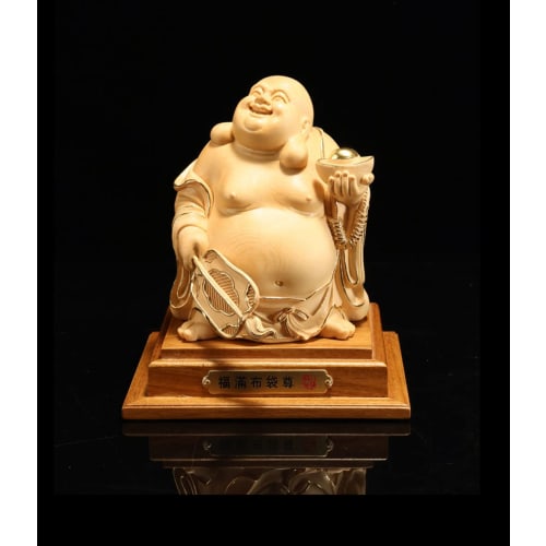 High-quality wooden carved Buddhist statue of Hotei made from cypress wood (15cm high x 11cm wide) - a good luck charm