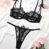 Thin mesh eyelash lace lingerie for women, a little sexy black pure see-through bra, underwear and underpants set